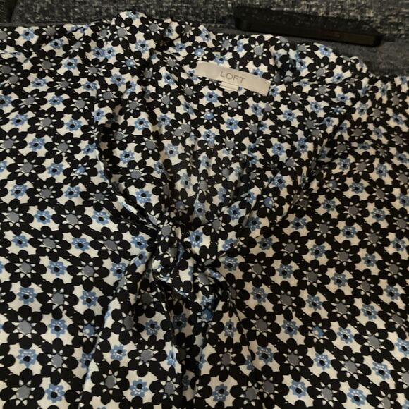 Loft Top Blouse 14 Blue Sun Gingham Lightweight Tie Neckline Career Office - Picture 4 of 4